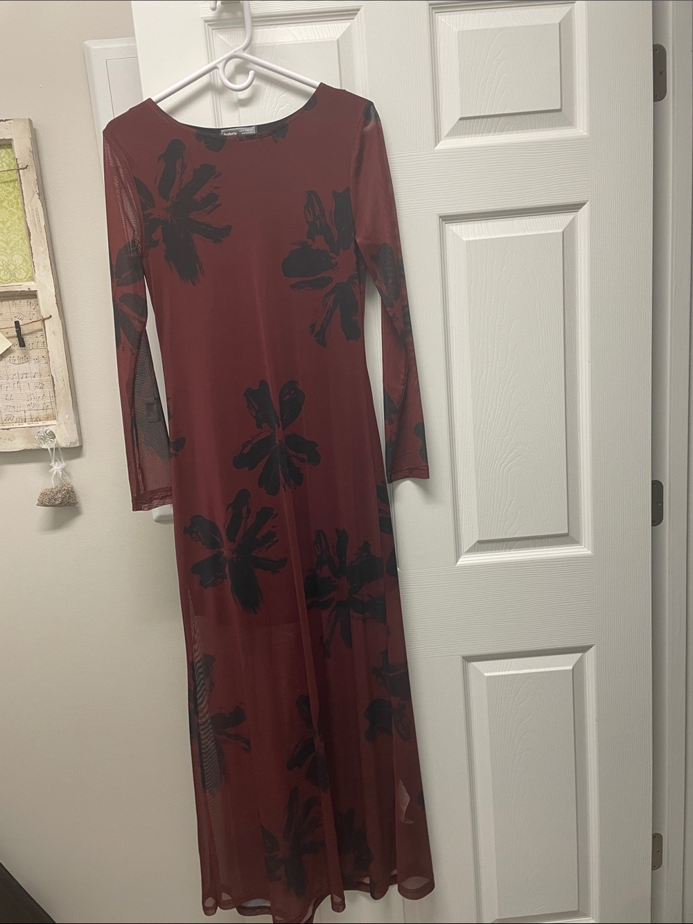 Burgundy Long-Sleeve Floral Maxi Dress
